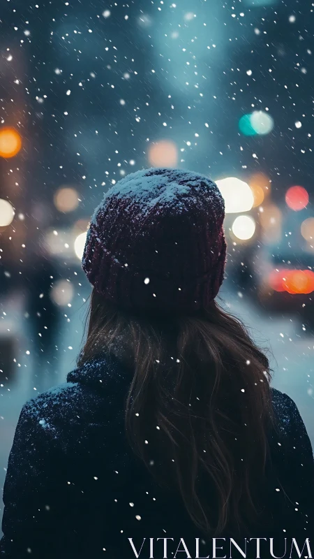 Lone figure watches soft snowfall under blurred city lights
