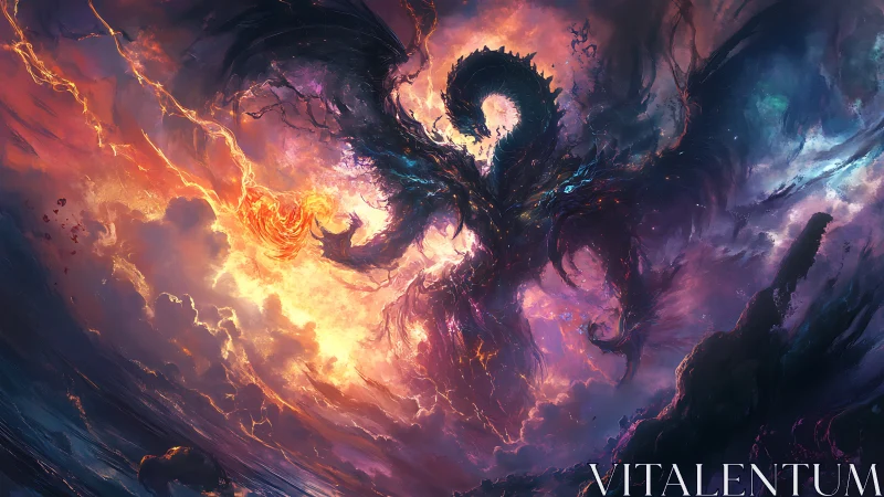 Mythic storm dragon dancing through a blazing sky portal.