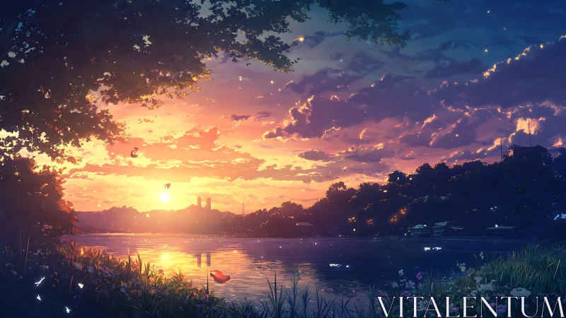 Sunset-lit river landscape with high-saturation anime lighting gradients