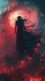 Silhouette Wanderer Wrapped In Lunar Firestorm Clouds.