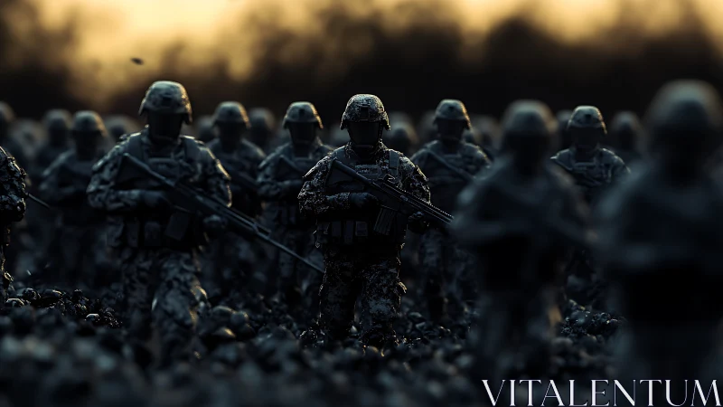 Armed soldiers advance through dusk battlefield in tense silence