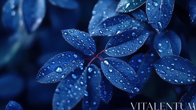 Blue-toned leaves hold scattered raindrops in sharp focus