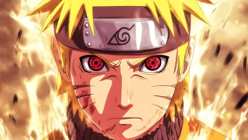 Intense anime portrait with fiery symmetrical character focus.