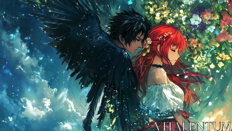 Winged guardian embraces red-haired girl in floral dreamscape.