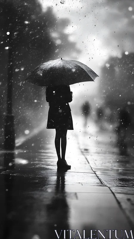 Silhouette under umbrella on rain-soaked city sidewalk.