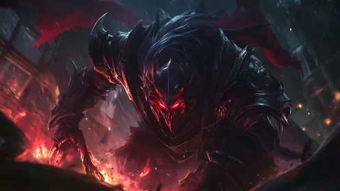 Shadow armored demon emerging from molten battlefield.