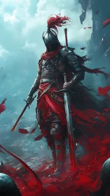 Blood-red warrior strides through mist with fierce resolve
