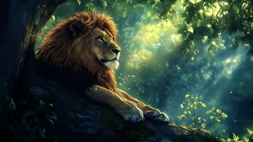 Majestic lion resting in glowing, enchanted forest light.