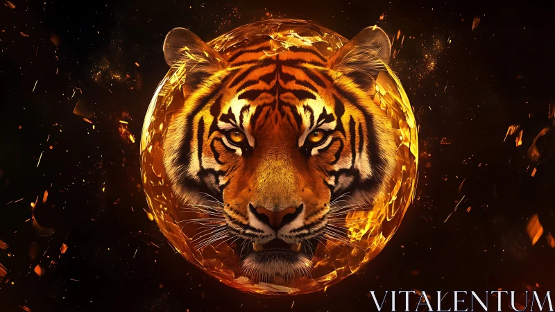 Fiery tiger visage emerging from molten golden sphere.