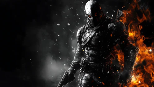 Armored cyber soldier strides through firestorm and shadow.
