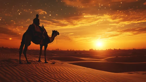 Lone rider on camel watches a glowing desert sunset sky