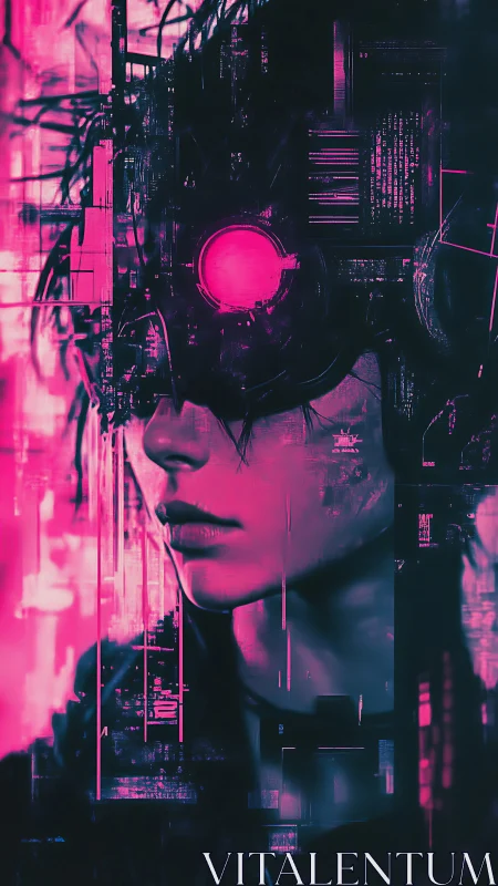 Cyberpunk portrait with neon visor and abstract circuitry.