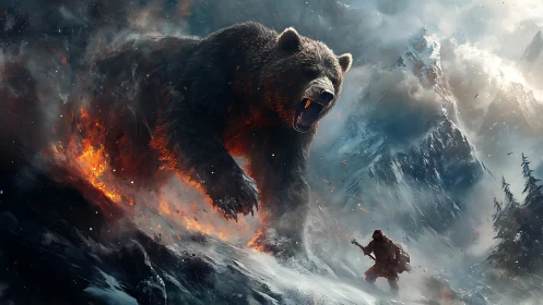 Mountain colossus bear roars over ember-lit frozen pass.