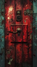 Weathered red metal door hints at mystery beyond its lock