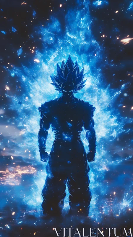 Silhouetted energy figure in blue glowing aura field.