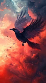 Majestic raven glides through fiery, dreamlit storm clouds