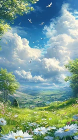 Sunlit valley meadow with clouds, wildflowers, and birds.