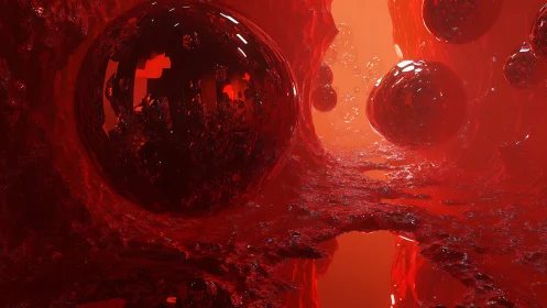 Molten crimson spheres drifting through a glowing cavern.