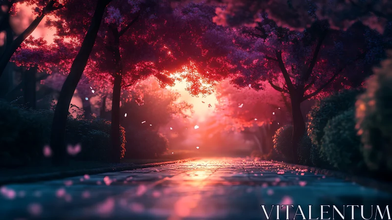 Petal-lit avenue melts into a glowing springtime horizon