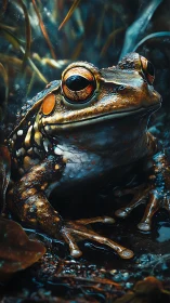 Macro-rendered amphibian portrait with luminous ocular detail.