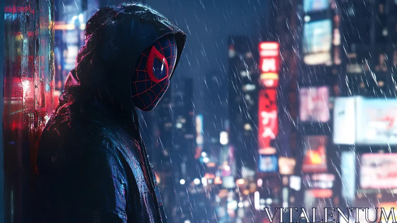 Masked figure leans against wet wall in neon city rain