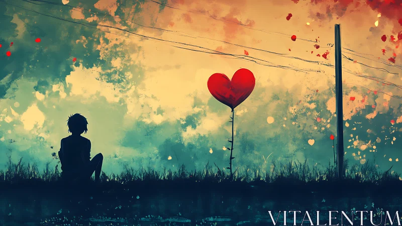 Solitary silhouette beside botanical heart under wired sky.