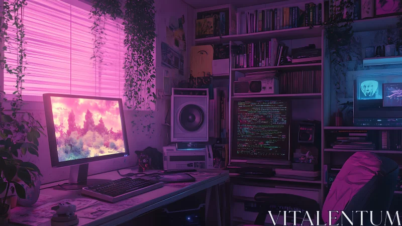 Neon lit programmer workspace with dual monitors and bookshelves.