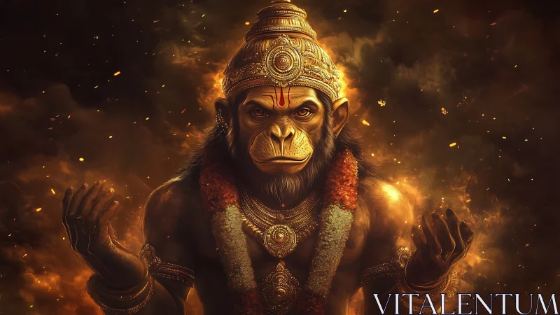 Mythic anthropomorphic monkey deity in ornate golden attire.