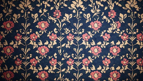 Floral textile pattern repeats across woven blue background