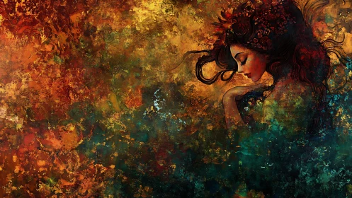 Solitary female figure in textured fiery abstract field.