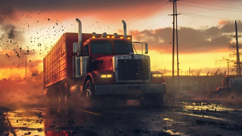 Sunset-scorched semi truck charges through flying city grit