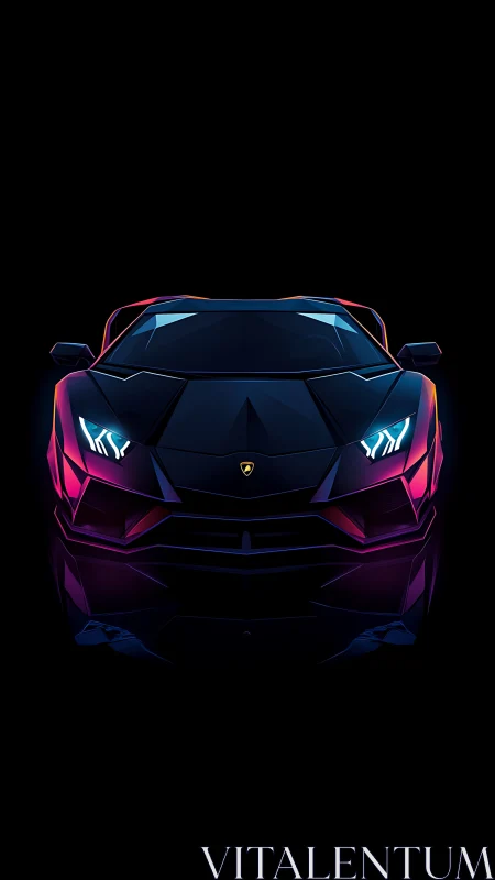 Neon sports car front view in dark minimalist setting.