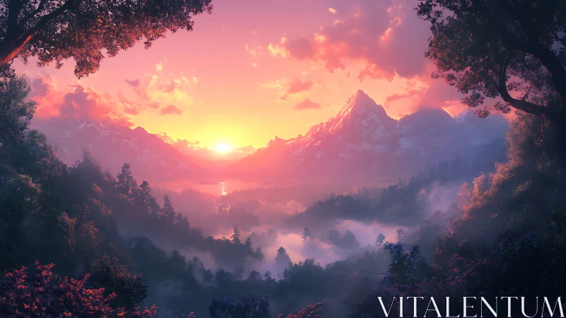 Radiant sunrise unfolds over misty mountains and forest valley