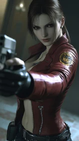 Photorealistic heroine aiming handgun in red tactical leather jacket