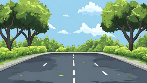 Tree-lined asphalt road under clear blue sky illustration.
