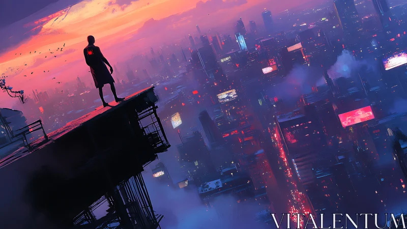 Solitary figure on high ledge above dense neon cityscape.