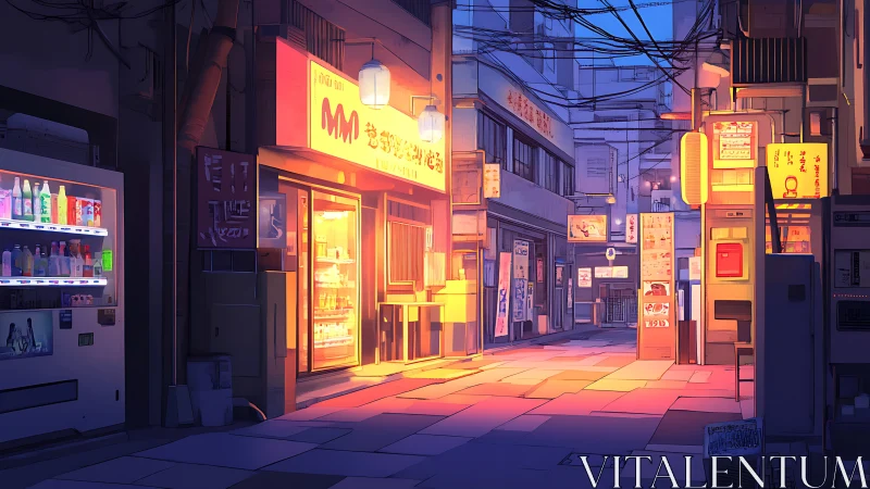 Neon lit Japanese alleyway with vending machines at dusk