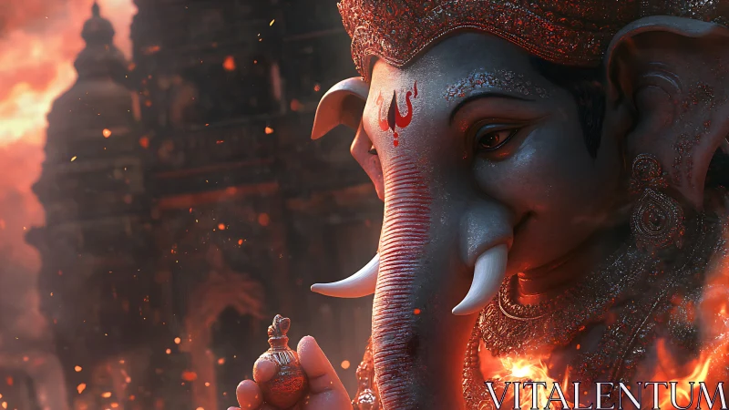 Majestic Ganesha amid glowing embers and temple firelight.