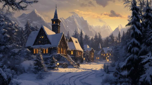 Snow-covered mountain village with lit stone cottages at dusk.