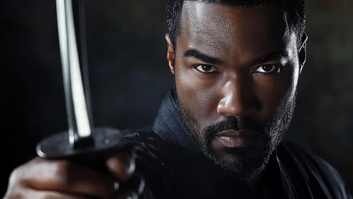 Focused warrior with raised katana poised in dramatic light