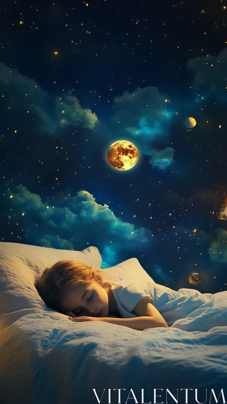 Child asleep in bed under stylized cosmic night sky scene.
