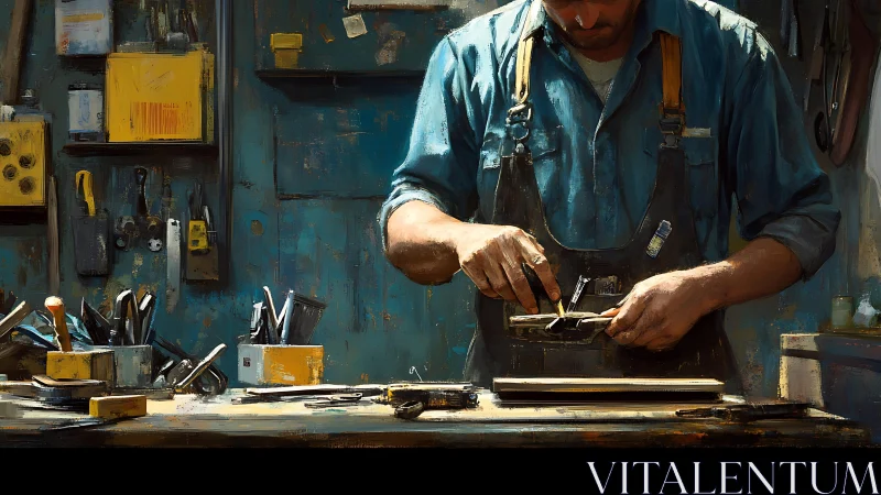 Manual craftsman calibrating woodworking hand plane in studio.