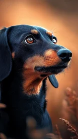 Short-haired black and tan dog is shown in close-up profile