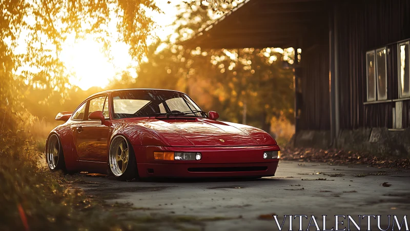 Lowered red sports coupe at golden hour beside rustic shed
