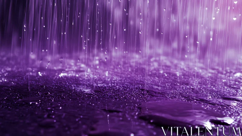 Purple rain streaks fall onto glistening reflective water surface