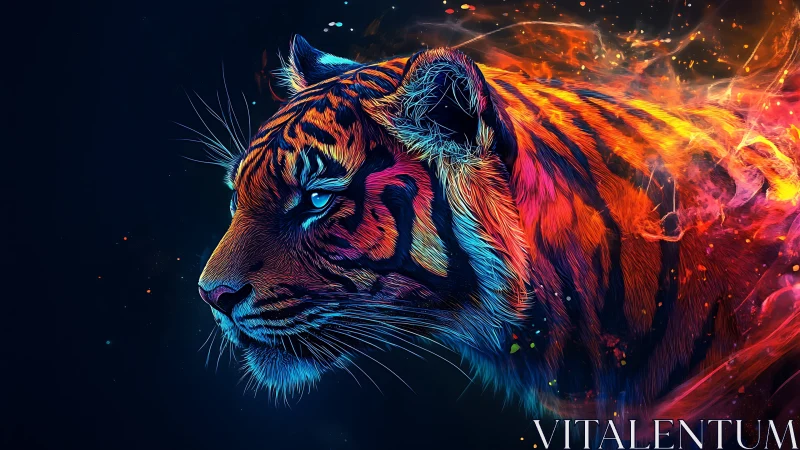 Neon tiger emerges from swirling cosmic fire and darkness