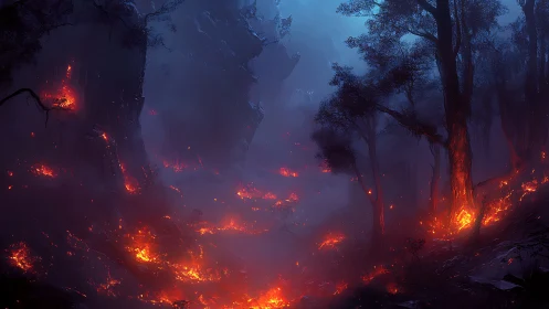 Forest Consumed by Intense Wildfire at Night