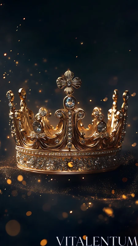 Gold jeweled crown on dark background with glowing sparks.