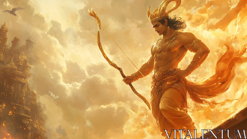 Sun-forged archer strides through blazing mythic cloudfire.