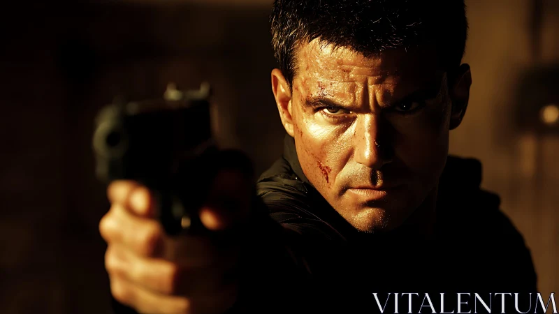 Intense gunman aims pistol forward in dramatic low light